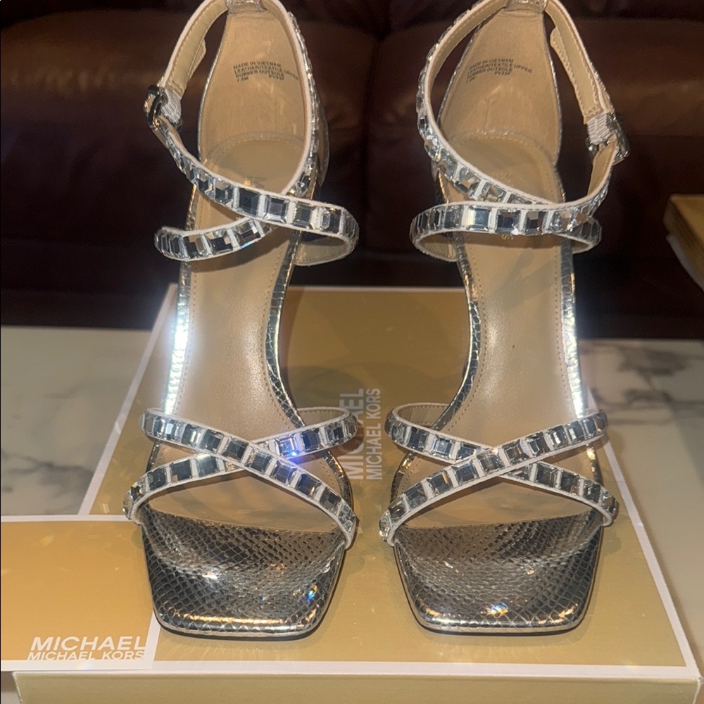 Michael Kors Silver Crystal Embellished Heels 7.5M